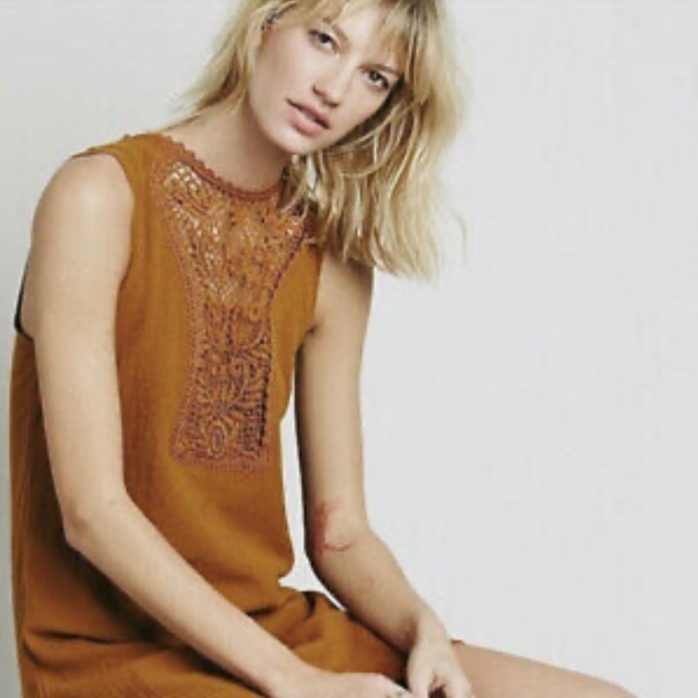 Free People Maribelle Crochet Button Back Sleeveless Mini Dress Marigold XS